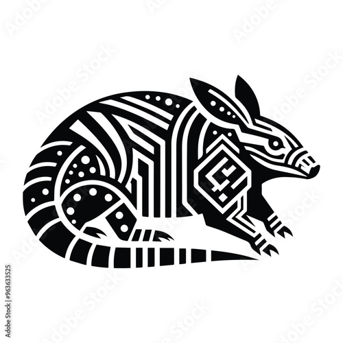 Armadillo with art deco decoration, stencil logo, black and white animal illustration photo