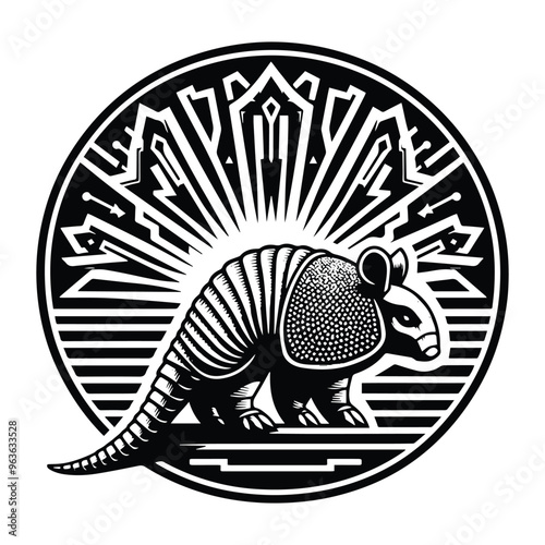 Armadillo with art deco decoration, stencil logo, black and white animal illustration photo