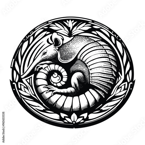 Armadillo with art nouveau decoration, stencil logo, black and white animal illustration photo