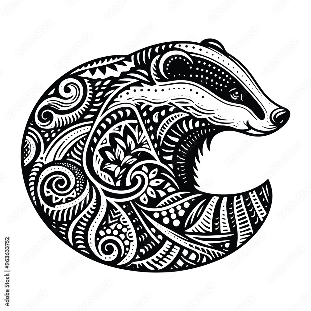 Badger in zentangle art, stencil logo, black and white animal illustration