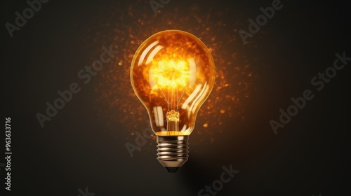 A glowing light bulb on a dark background. The bulb is lit and casting a warm glow. The image is a metaphor for ideas, inspiration, and creativity.