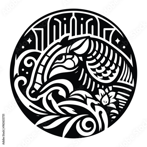 Armadillo with art nouveau decoration, stencil logo, black and white animal illustration photo