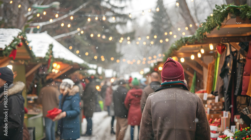 Crowded holiday market with shoppers browsing stalls filled with festive decorations and treats.