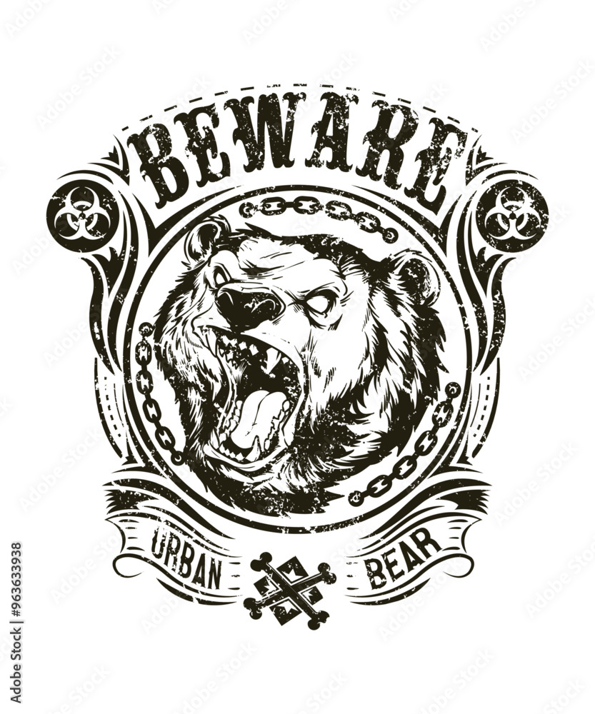 Obraz premium Beware of Bear, vector art character graphic drawing illustration for stickers, streetwear, t-shirts, logos, print-on-demand, print, or branding