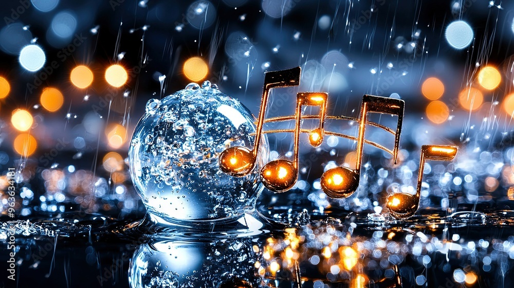 A group of musical notes float above a puddle, framed by golden boket lights A group of musical notes float above a puddle, framed by golden boket lights