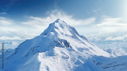 A majestic snow-capped mountain peak rises above a sea of clouds, bathed in the soft light of a winter sun.