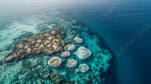 Aerial shot of bleached coral reefs in clear ocean waters, representing the devastating effects of warming seas and acidification on marine ecosystems. photo