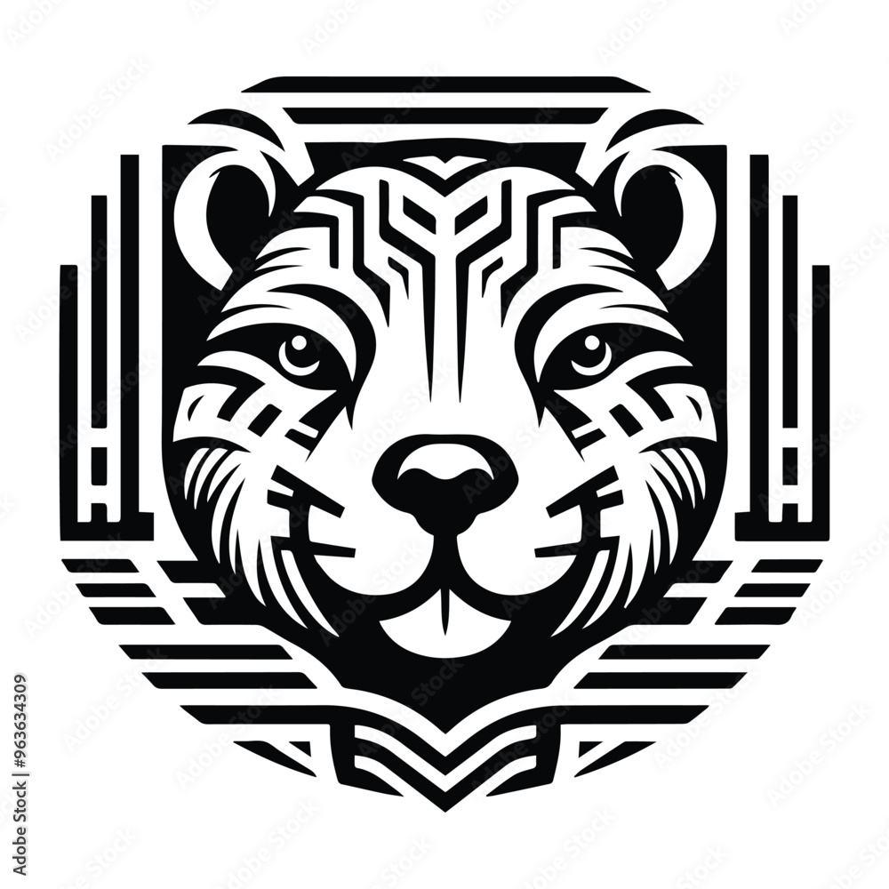 Beaver with art deco decoration, stencil logo, black and white animal illustration Beaver with art deco decoration, stencil logo, black and white animal illustration