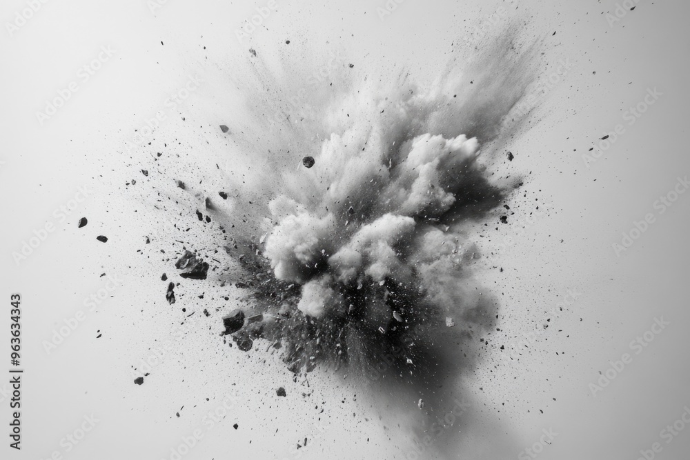A black and white photo of a large explosion with a lot of debris. Scene is intense and chaotic A black and white photo of a large explosion with a lot of debris. Scene is intense and chaotic