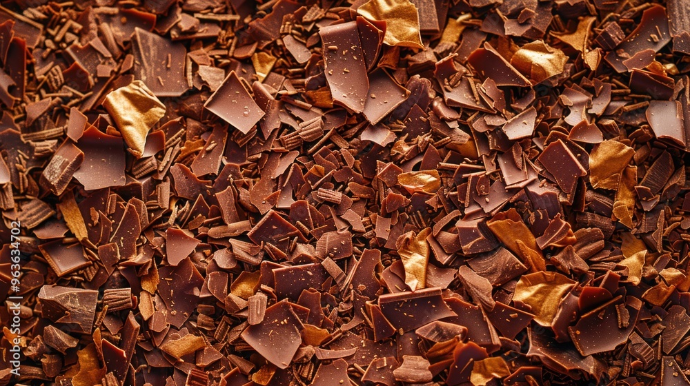 A pile of chocolate chips with gold flakes on top. Concept of indulgence and luxury, as the chocolate chips are rich and decadent. The gold flakes add a touch of elegance and sophistication A pile of chocolate chips with gold flakes on top. Concept of indulgence and luxury, as the chocolate chips are rich and decadent. The gold flakes add a touch of elegance and sophistication