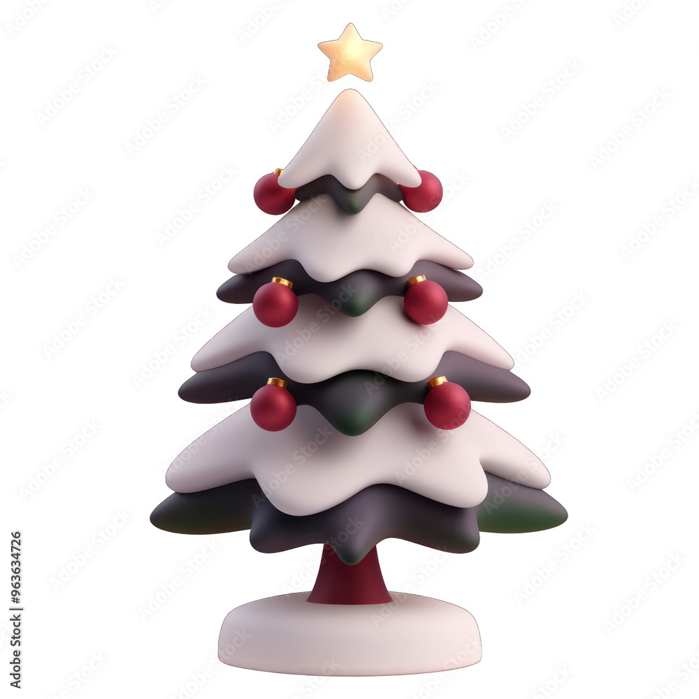 A charming 3D rendering of a stylized Christmas tree adorned with red ornaments and a golden star for a festive touch. 3d render A charming 3D rendering of a stylized Christmas tree adorned with red ornaments and a golden star for a festive touch. 3d render