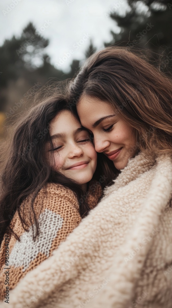 Mother and daughter embracing warmly in outdoor