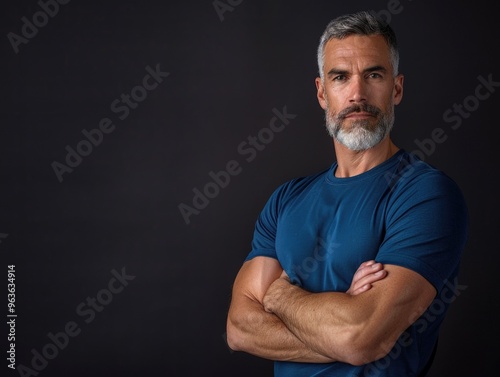 A man with a beard and gray hair is wearing a blue shirt and standing with his arms crossed