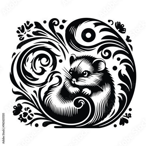 Hamster with victorian flourish decoration, stencil logo, black and white animal illustration photo