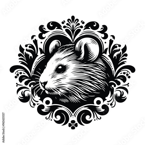 Hamster with victorian flourish decoration, stencil logo, black and white animal illustration photo