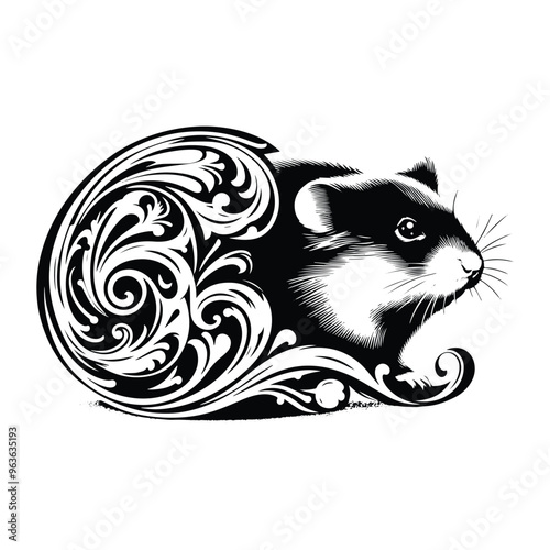 Hamster with victorian flourish decoration, stencil logo, black and white animal illustration