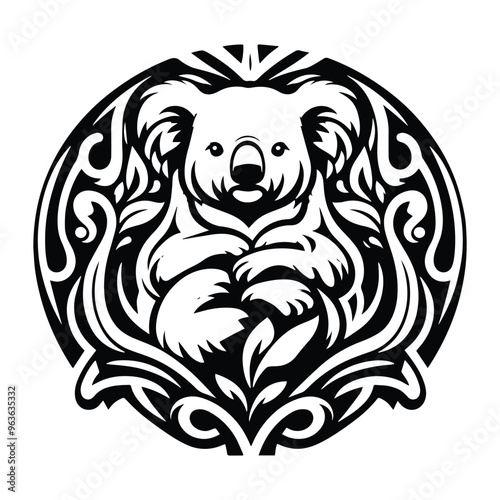 Koala with art nouveau decoration, stencil logo, black and white animal illustration