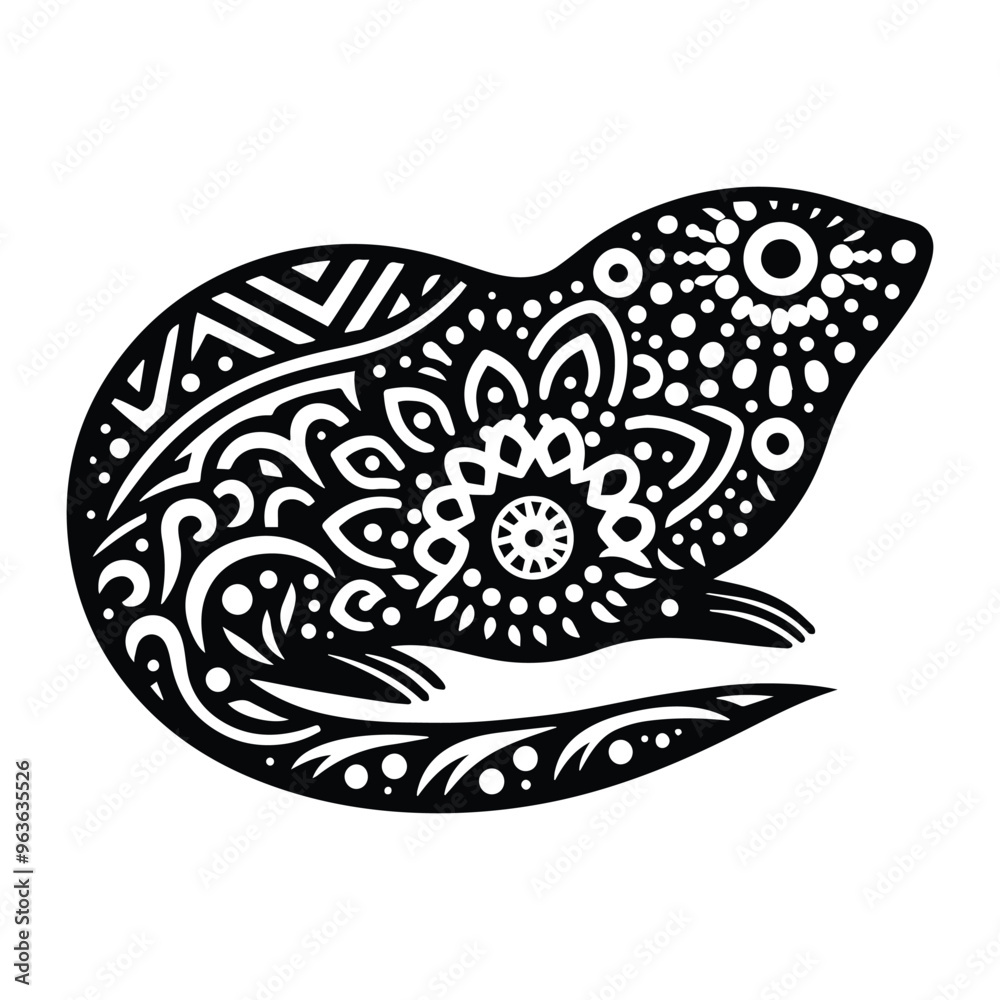 Mole in zentangle art, stencil logo, black and white animal illustration