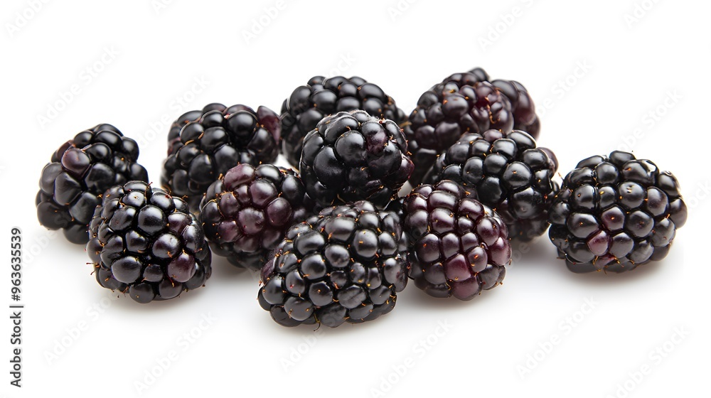 Realistic close-up of ripe blackberries on a white background, highlighting their dark purple color and delicate, clustered texture Realistic close-up of ripe blackberries on a white background, highlighting their dark purple color and delicate, clustered texture