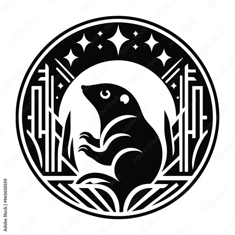 Mole with art deco decoration, stencil logo, black and white animal illustration Mole with art deco decoration, stencil logo, black and white animal illustration