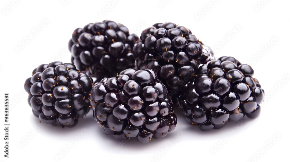 Realistic close-up of ripe blackberries on a white background, highlighting their dark purple color and delicate, clustered texture Realistic close-up of ripe blackberries on a white background, highlighting their dark purple color and delicate, clustered texture