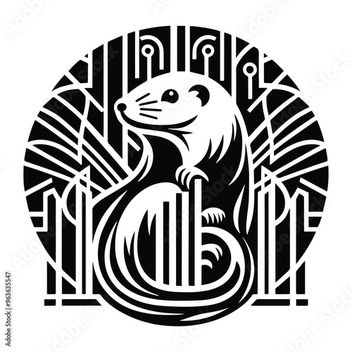 Mole with art deco decoration, stencil logo, black and white animal illustration photo