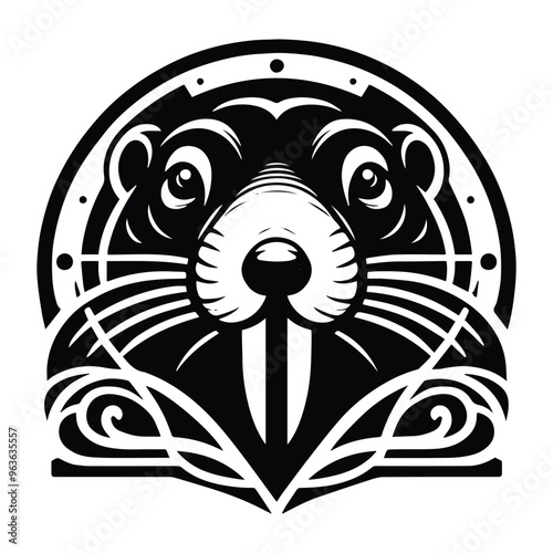 Mole with art nouveau decoration, stencil logo, black and white animal illustration photo