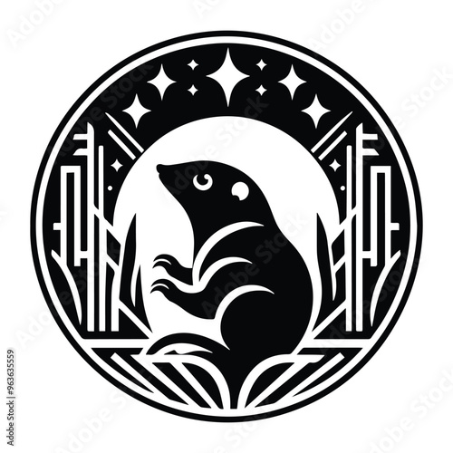 Mole with art deco decoration, stencil logo, black and white animal illustration photo