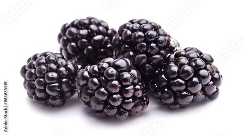 Realistic close-up of ripe blackberries on a white background, highlighting their dark purple color and delicate, clustered texture