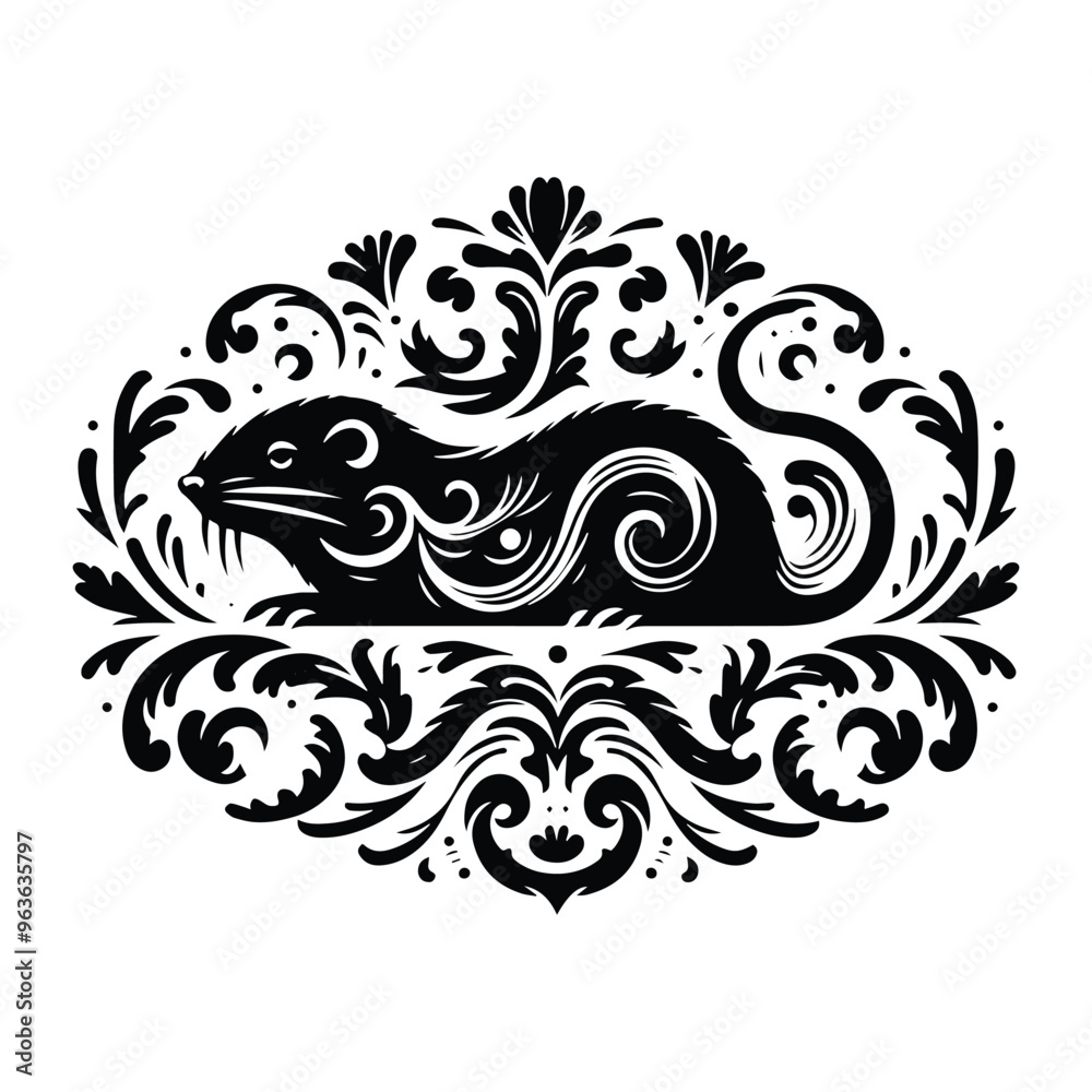 Fototapeta premium Mole with victorian flourish decoration, stencil logo, black and white animal illustration