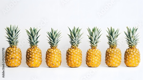 Realistic arrangement of whole pineapples on a white background, showcasing their spiky skin and vibrant yellow flesh