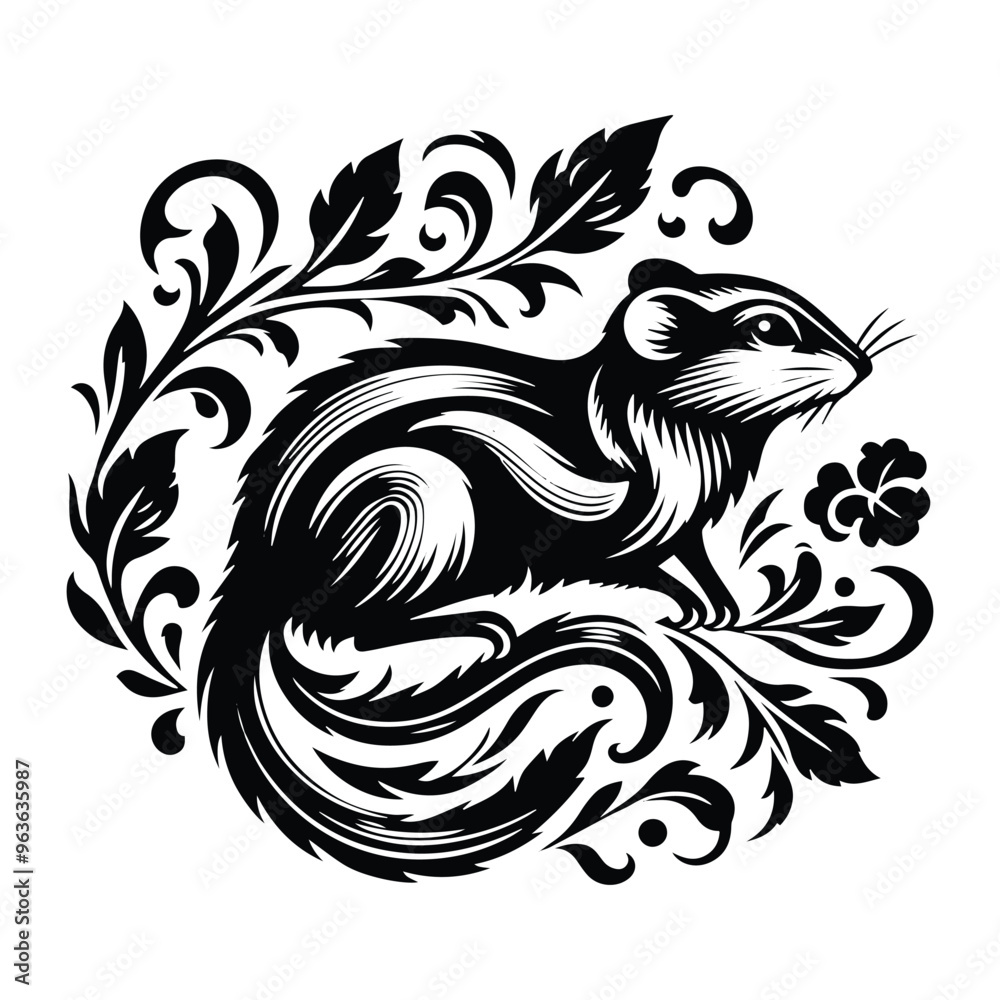 Numbat with victorian flourish decoration, stencil logo, black and white animal illustration Numbat with victorian flourish decoration, stencil logo, black and white animal illustration