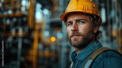 Nuclear industry worker against the background of a nuclear power plant, physicist, employee portrait, man, pipes, technology, equipment, science, scientist, uniform, helmet, builder, engineer