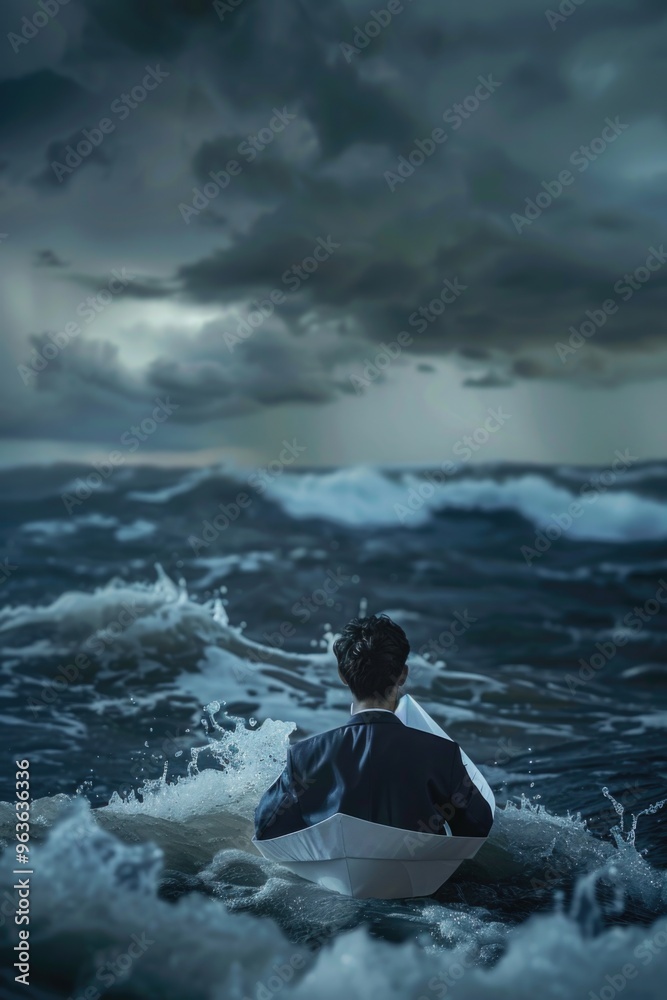 Obraz premium A man is in the ocean, holding a white umbrella. The sky is dark and stormy, and the waves are crashing around him. Scene is tense and ominous