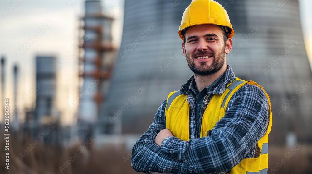 Nuclear industry worker against the background of a nuclear power plant, physicist, employee portrait, man, pipes, technology, equipment, science, scientist, uniform, helmet, builder, engineer Nuclear industry worker against the background of a nuclear power plant, physicist, employee portrait, man, pipes, technology, equipment, science, scientist, uniform, helmet, builder, engineer