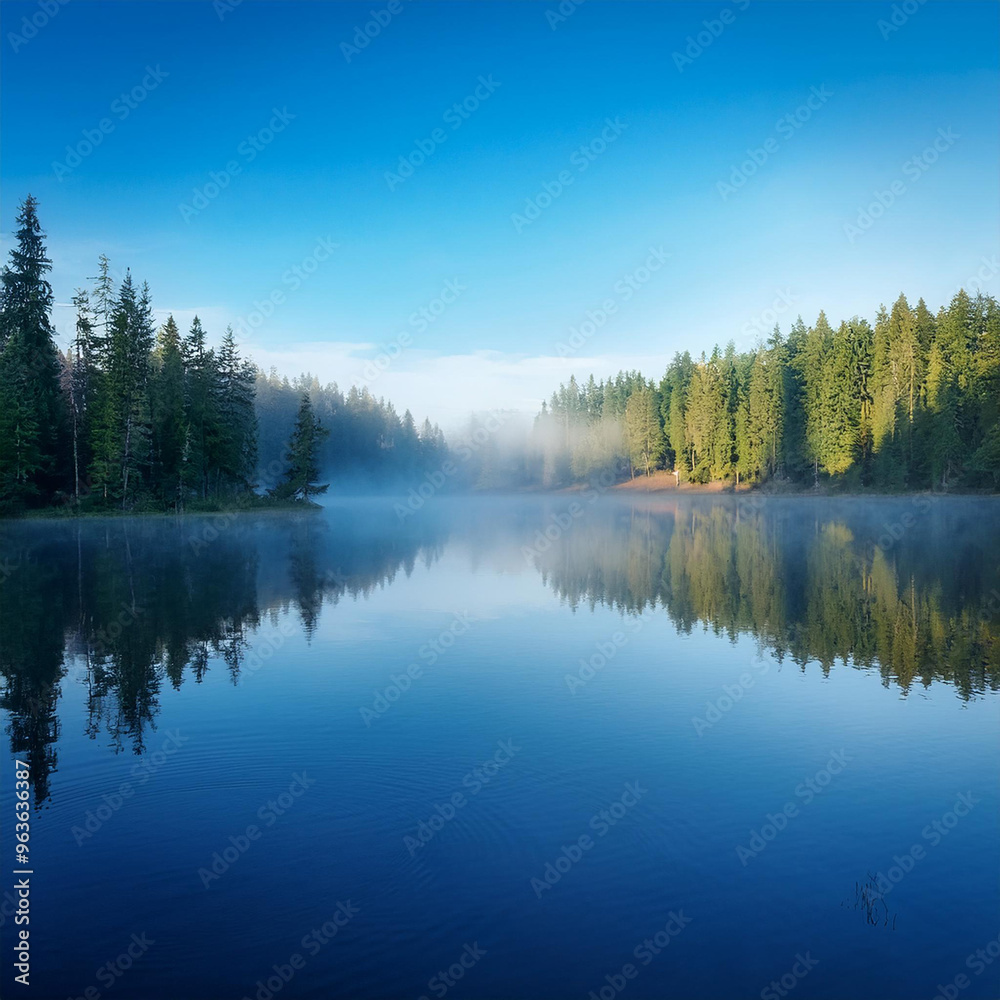 A calm lake surrounded by trees on a misty day, reflecting the blue sky and water A calm lake surrounded by trees on a misty day, reflecting the blue sky and water