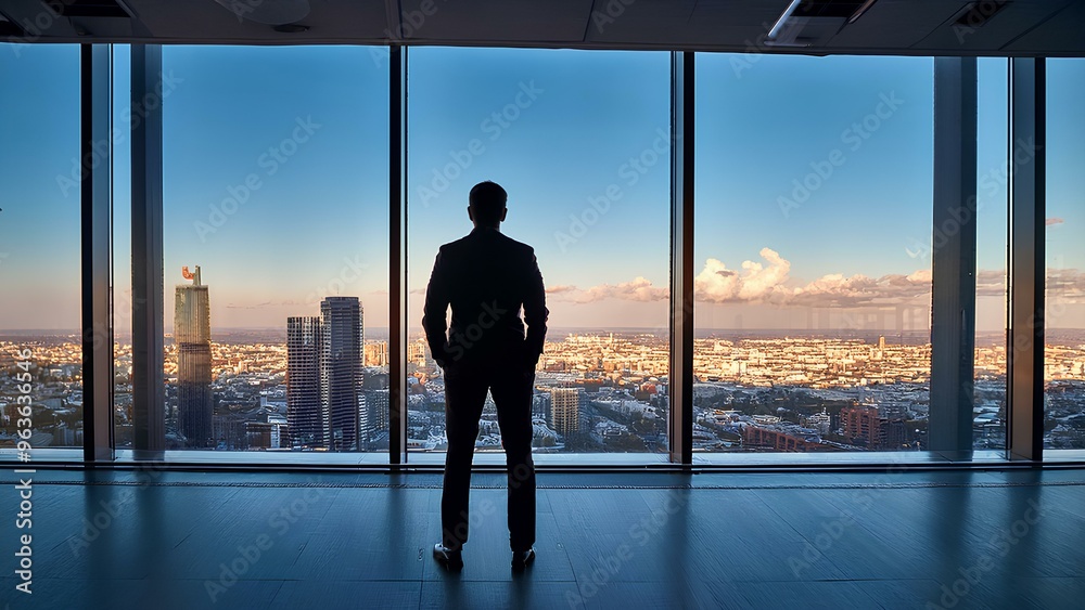 Businessman near window in business center. Businessman stands in office with panoramic window and looks at metropolis. Concept: at the top of success. Businessman near window in business center. Businessman stands in office with panoramic window and looks at metropolis. Concept: at the top of success.