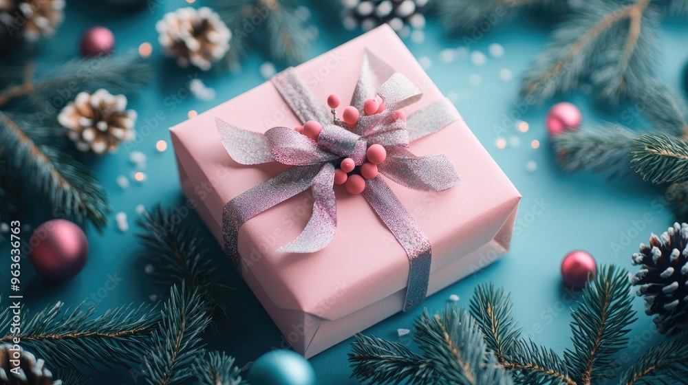 Festive Pink Gift Box with Ribbon Among Holiday Decorations on Blue Background Festive Pink Gift Box with Ribbon Among Holiday Decorations on Blue Background