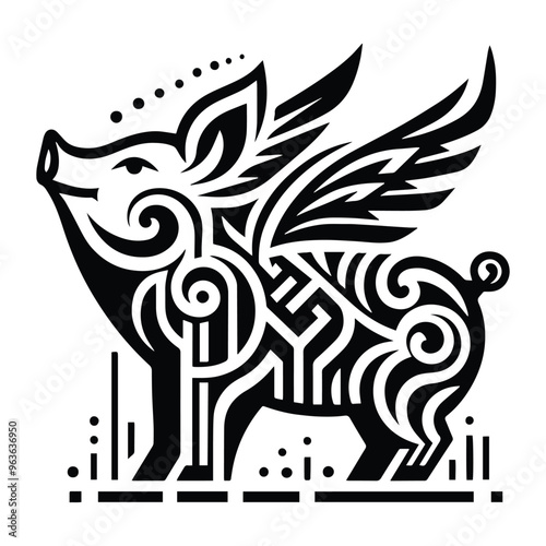Pig with art deco decoration, stencil logo, black and white animal illustration