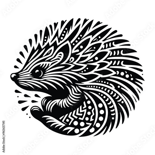 porcupine in zentangle art, stencil logo, black and white animal illustration