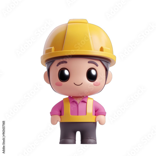 A cheerful cartoon construction worker wearing a hard hat and bright attire, perfect for construction and safety themes. 3d render