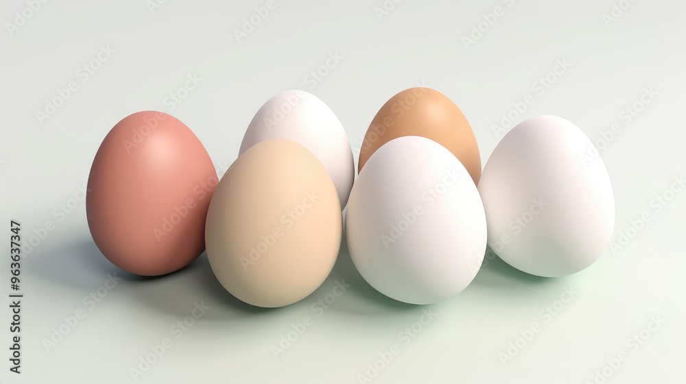 Five eggs of different colors are arranged in a row on a light green background. The eggs are smooth and glossy, and their colors are soft and pastel. Five eggs of different colors are arranged in a row on a light green background. The eggs are smooth and glossy, and their colors are soft and pastel.