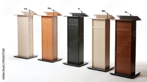 Five wooden lecterns with microphones stand in a row against a white background. The lecterns are all different colors and styles.