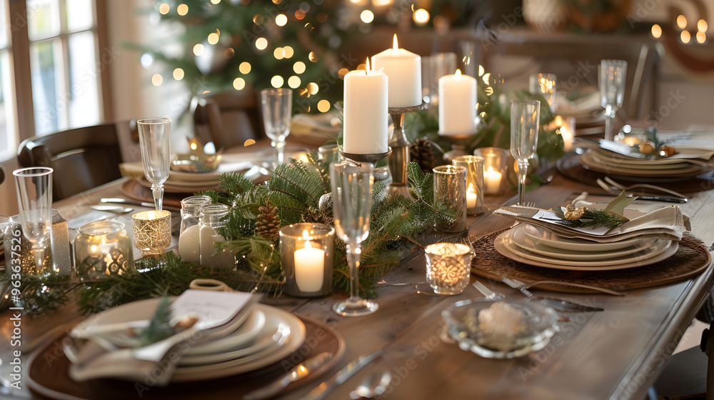 A beautifully decorated table set for a holiday dinner with lit candles and elegant dishes. A beautifully decorated table set for a holiday dinner with lit candles and elegant dishes.