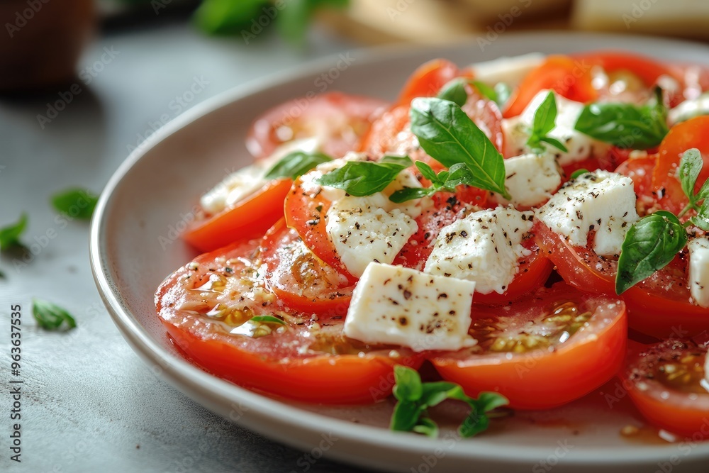 Fresh Caprese Salad with Ripe Tomatoes, Mozzarella, and Basil on a Plate Fresh Caprese Salad with Ripe Tomatoes, Mozzarella, and Basil on a Plate
