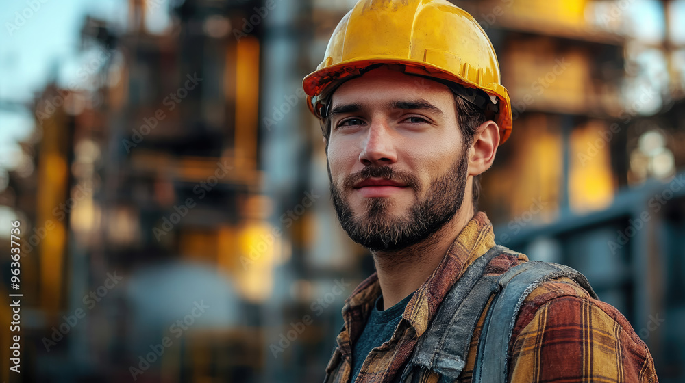 Nuclear industry worker against the background of a nuclear power plant, physicist, employee portrait, man, pipes, technology, equipment, science, scientist, uniform, helmet, builder, engineer Nuclear industry worker against the background of a nuclear power plant, physicist, employee portrait, man, pipes, technology, equipment, science, scientist, uniform, helmet, builder, engineer