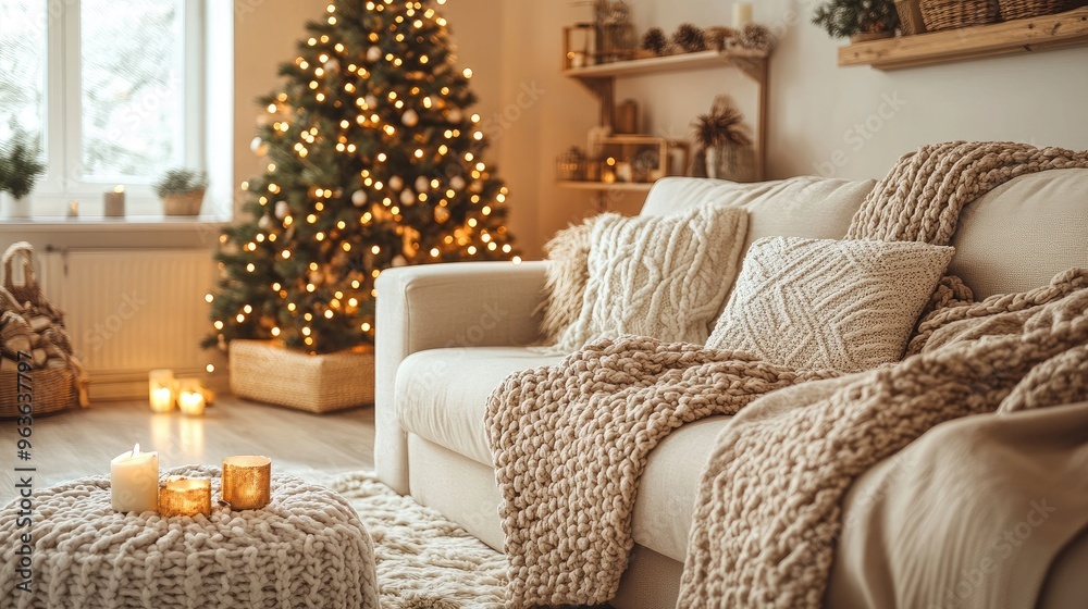 Cozy Living Room Decor with Christmas Tree and Warm Knitted Blankets Cozy Living Room Decor with Christmas Tree and Warm Knitted Blankets