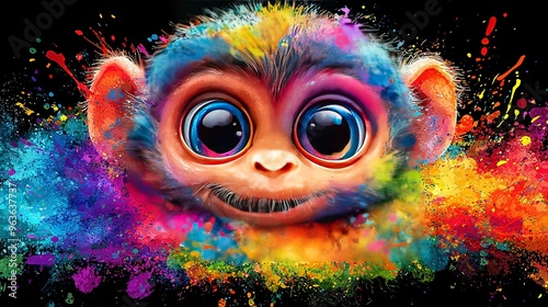  A monkey with bright splatters on its face against a dark backdrop