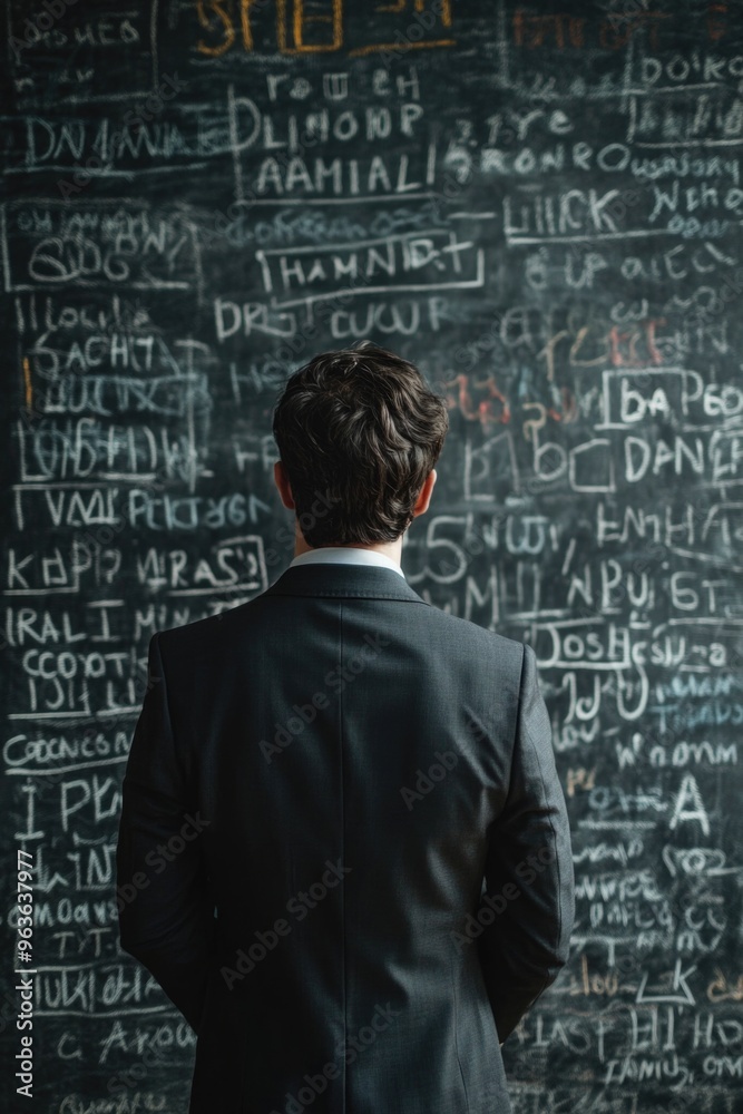 A man in a suit stands in front of a chalkboard with many words on it. The man is looking at the board A man in a suit stands in front of a chalkboard with many words on it. The man is looking at the board