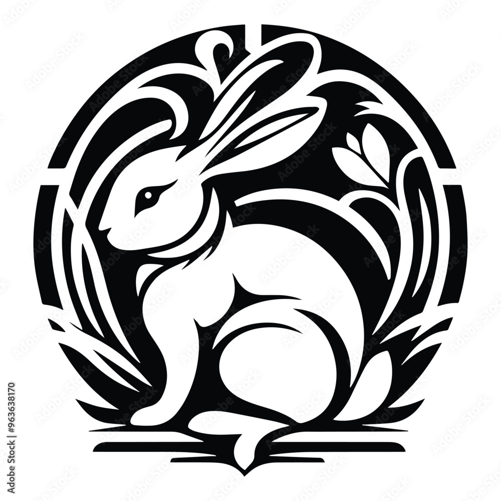 Rabbit with art nouveau decoration, stencil logo, black and white animal illustration Rabbit with art nouveau decoration, stencil logo, black and white animal illustration